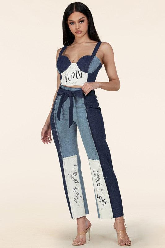 MUITI DENIM 2PCS BUSTIER CROP TOP AND PANT SET - PRIVILEGE 