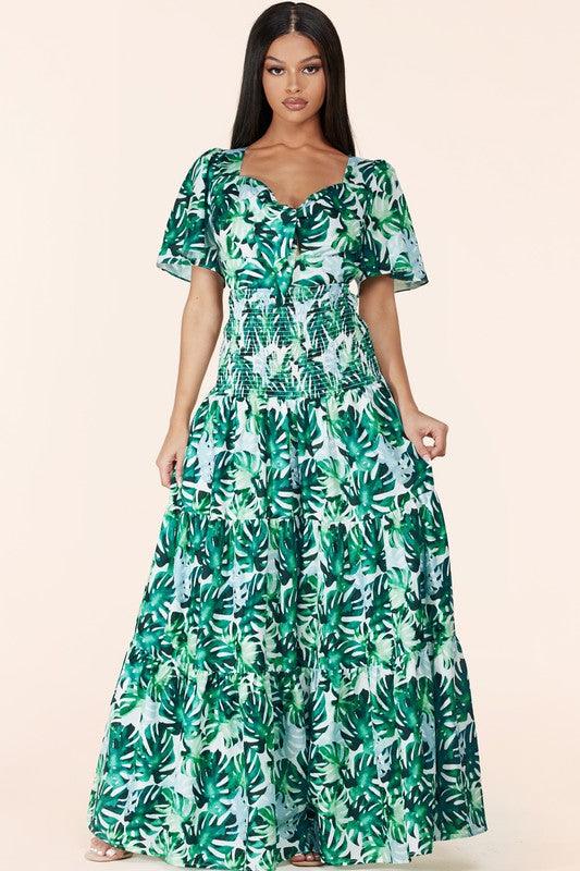 TROPICAL LIEAF MAXI DRESS OPEN BACK - PRIVILEGE 