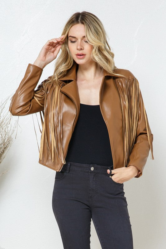 Faux Leather Moto Fringe Jacket - PRIVILEGE 