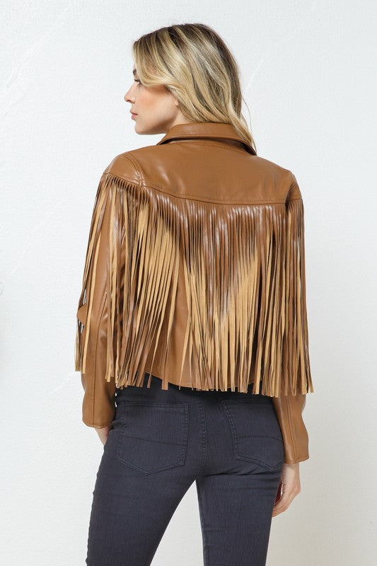 Faux Leather Moto Fringe Jacket - PRIVILEGE 