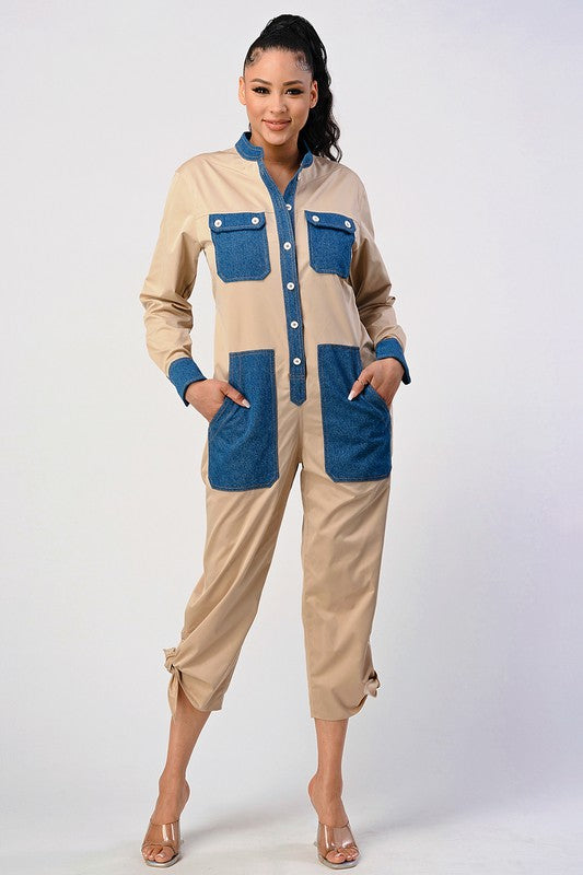 DENIM BLOCKED LONG SLEEVE JUMPSUIT - PRIVILEGE 