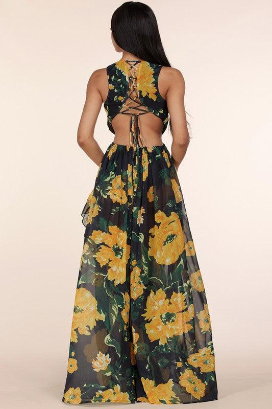 SULTRY BLACK AND YELLOW FLORAL MAXI DRESS - PRIVILEGE 