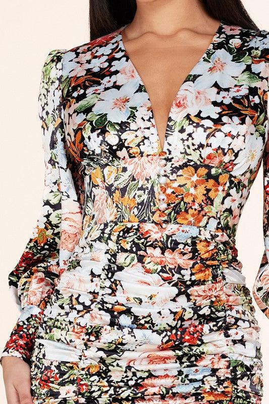 FLORAL BODYCON RUCHING MINI DRESS - PRIVILEGE 