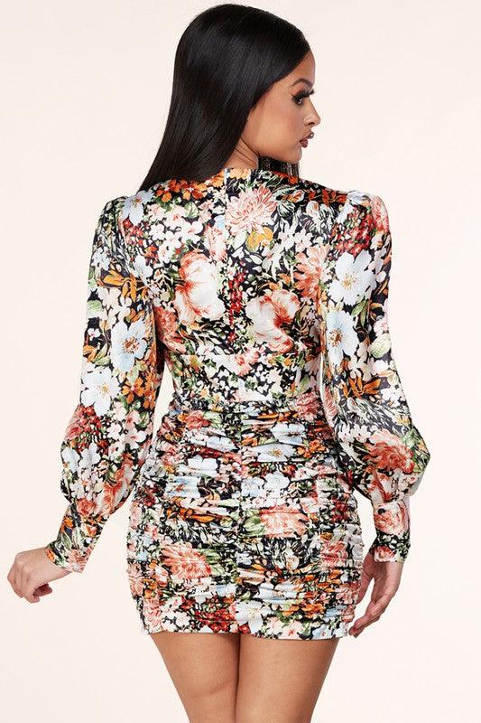 FLORAL BODYCON RUCHING MINI DRESS - PRIVILEGE 