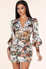 FLORAL BODYCON RUCHING MINI DRESS - PRIVILEGE 