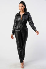 FAUX LEATHER JUMPSUIT WITH CORSET BELT - PRIVILEGE 