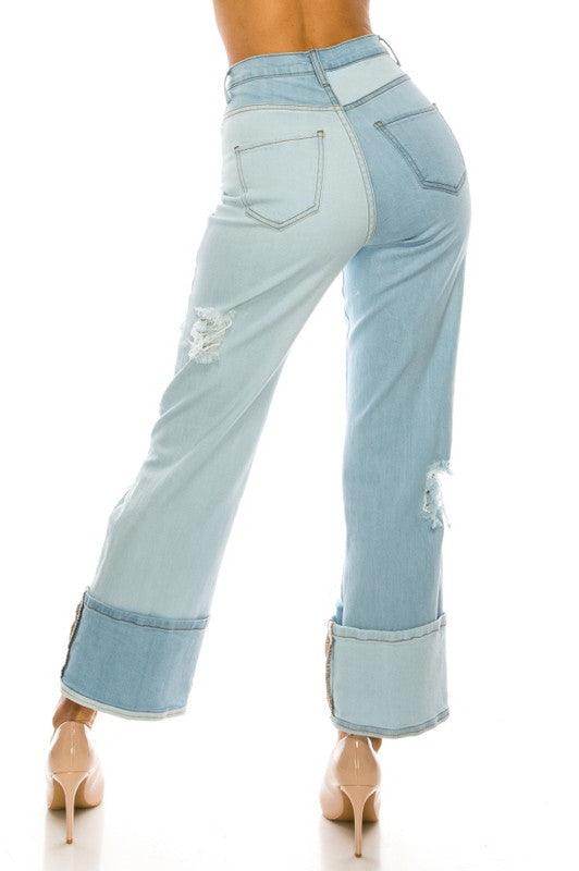 HIGH RISE TWO TONED PANEL LOOSE LEGGED JEANS - PRIVILEGE 