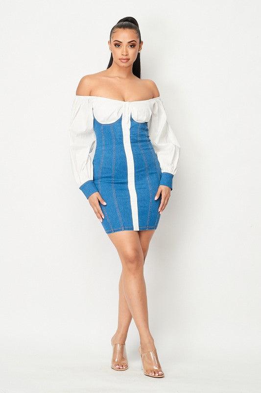 OFF THE SHOULDER DENIM MINI DRESS - PRIVILEGE 