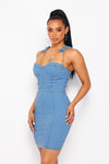 CHAIN STRAP MINI DENIM DRESS - PRIVILEGE 