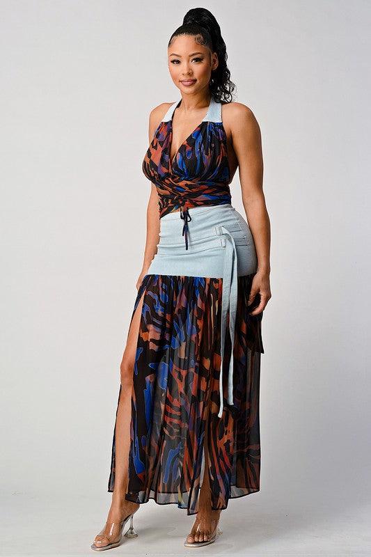 DENIM CONTRAST HALTER TOP WITH MAXI DETAIL SKIRT - PRIVILEGE 