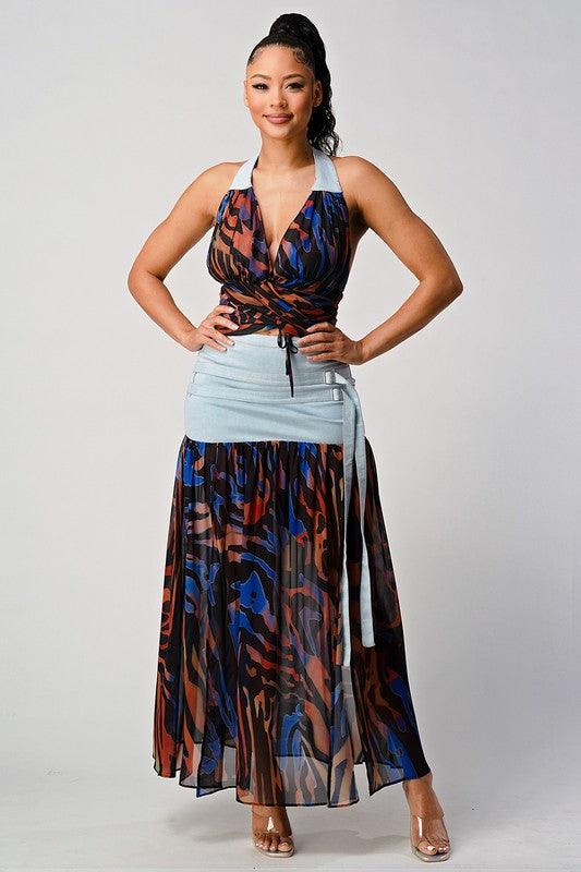 DENIM CONTRAST HALTER TOP WITH MAXI DETAIL SKIRT - PRIVILEGE 