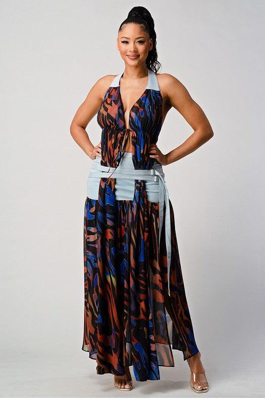 DENIM CONTRAST HALTER TOP WITH MAXI DETAIL SKIRT - PRIVILEGE 