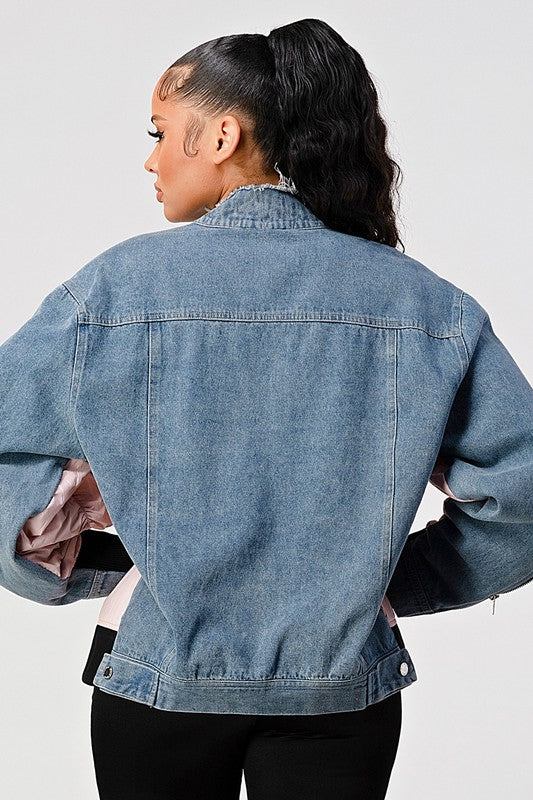 ZIP UP DENIM BOMBER JACKET WITH ZIPPERED SLEEVES - PRIVILEGE 