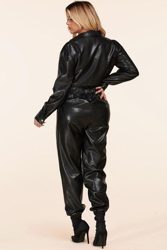 THIS SEXY TWO PIECE CROPPED JACKET HIGH WAISTED PANT LEATHER LOOK - PRIVILEGE 