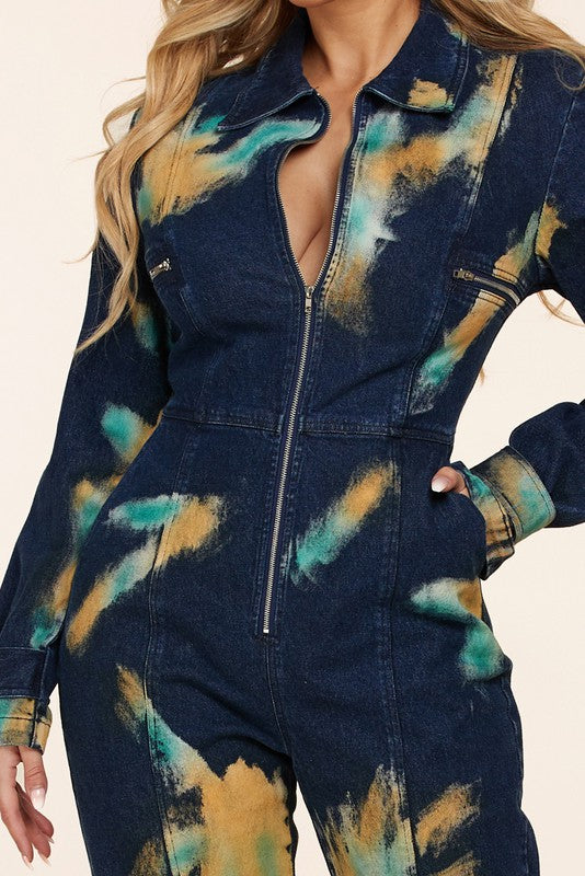 Dark denim jumpsuit with tie dye - PRIVILEGE 