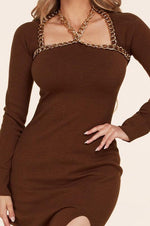 BODYCON LONG MAXI KNIT DRESS WITH CHAIN DETAIL - PRIVILEGE 