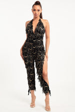 Fringe sequin slit leg jumpsuit - PRIVILEGE 