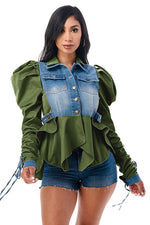 Double Collar Adjustable Tie Puff Long Sleeve Ruffle olive Denim Jacket - PRIVILEGE 