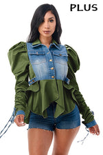 Double Collar Adjustable Tie Puff Long Sleeve Ruffle olive Denim Jacket - PRIVILEGE 