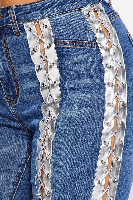 Denim lace up jeans fashion