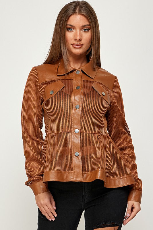 MESH FAUX LEATHER PEPLUM JACKET - PRIVILEGE 