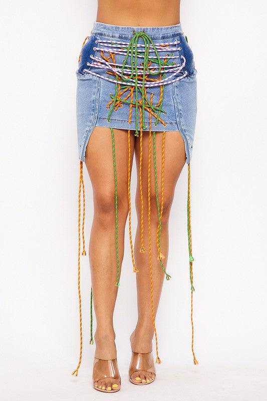 BUNGIE STRINGS MINI DENIM SKIRT - PRIVILEGE 