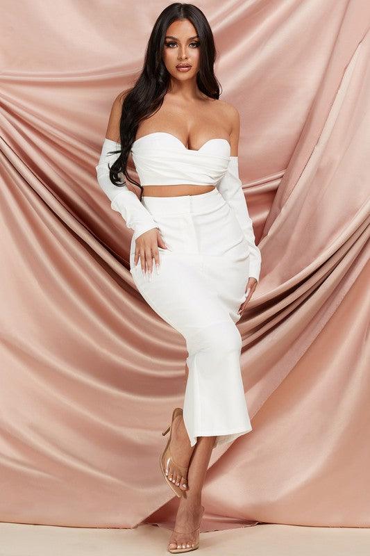 Sexy & Chic 2pc Off-Shoulder Crop Top and Midi Skirt set - PRIVILEGE 