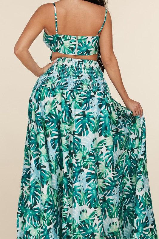 SMOCKED MAXI DRESS GREEN LEAF PRINT - PRIVILEGE 