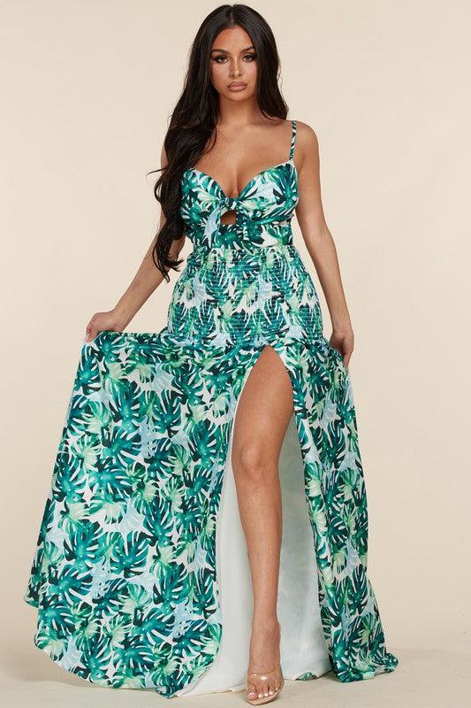 SMOCKED MAXI DRESS GREEN LEAF PRINT - PRIVILEGE 