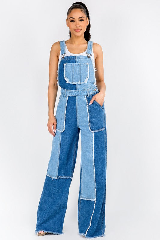 WIDE LEG PATCHWORK DENIM OVERALLS - PRIVILEGE 