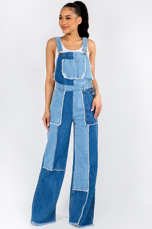 WIDE LEG PATCHWORK DENIM OVERALLS - PRIVILEGE 