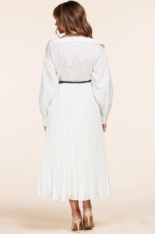 WHITE MIDI DRESS WITH PLEATS - PRIVILEGE 