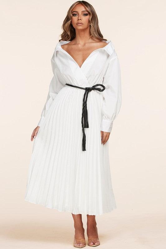 WHITE MIDI DRESS WITH PLEATS - PRIVILEGE 