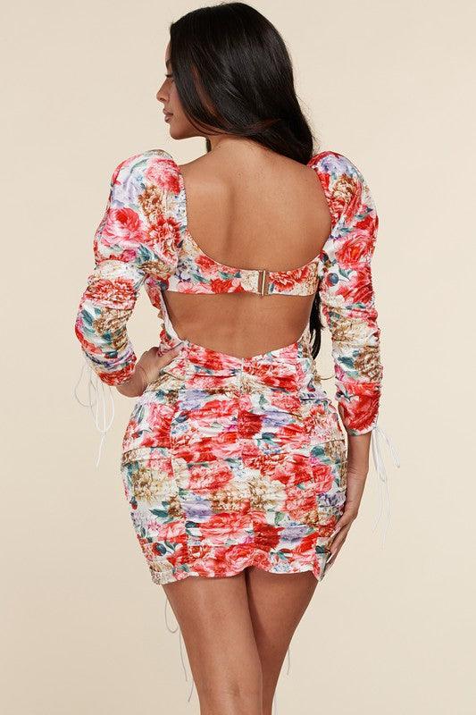 Ruched Spring Garden bodycon floral mini dress - PRIVILEGE 