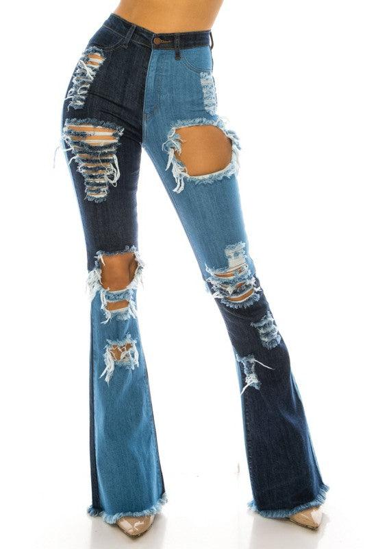 HIGH RISE COLOR BLOCK BOOT CUT JEANS W/ FRONT & BACK PANEL - PRIVILEGE 