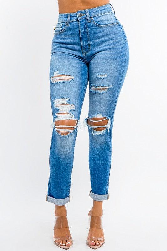 HIGH WAIST BOYFRIEND ROLL UP JEANS - PRIVILEGE 