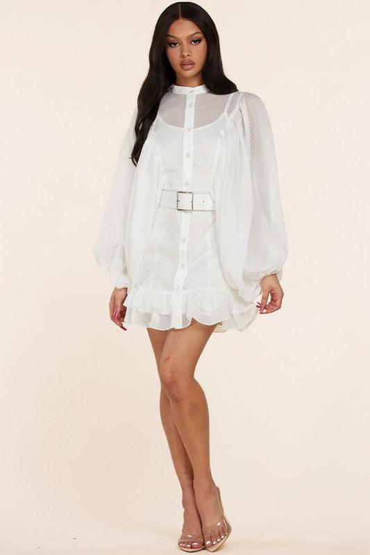 MINI WHITE DRESS WITH BALLON SLEEVES - PRIVILEGE 