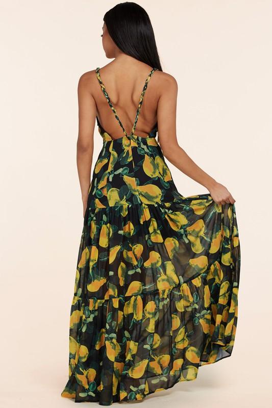 Black maxi dress boasts yellow pear print - PRIVILEGE 