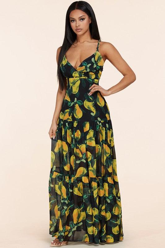 Black maxi dress boasts yellow pear print - PRIVILEGE 