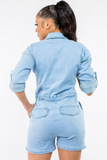 DENIM BUTTTON FRONT ROMPER - PRIVILEGE 