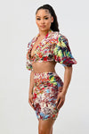 Floral print two pcs top and skirt set - PRIVILEGE 