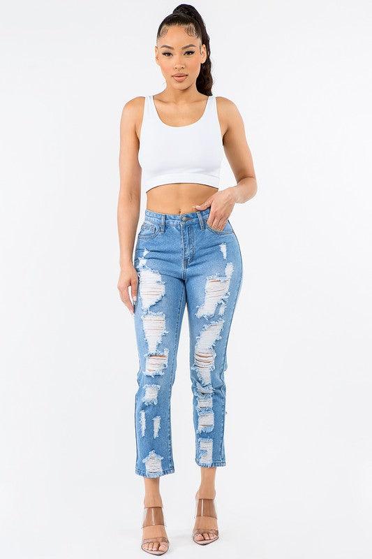 HIGH WAIST DISTRESSED BOYFRIEND JEANS - PRIVILEGE 