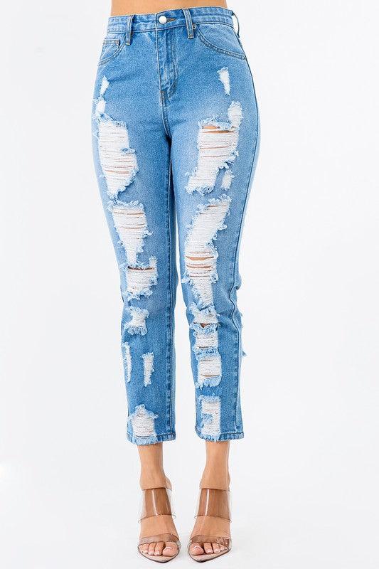 HIGH WAIST DISTRESSED BOYFRIEND JEANS - PRIVILEGE 