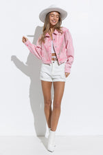 Denim Waist Length Chevron Rhinestone Fringe Front and Back Detail Jacket - PRIVILEGE 