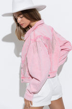 Denim Waist Length Chevron Rhinestone Fringe Front and Back Detail Jacket - PRIVILEGE 