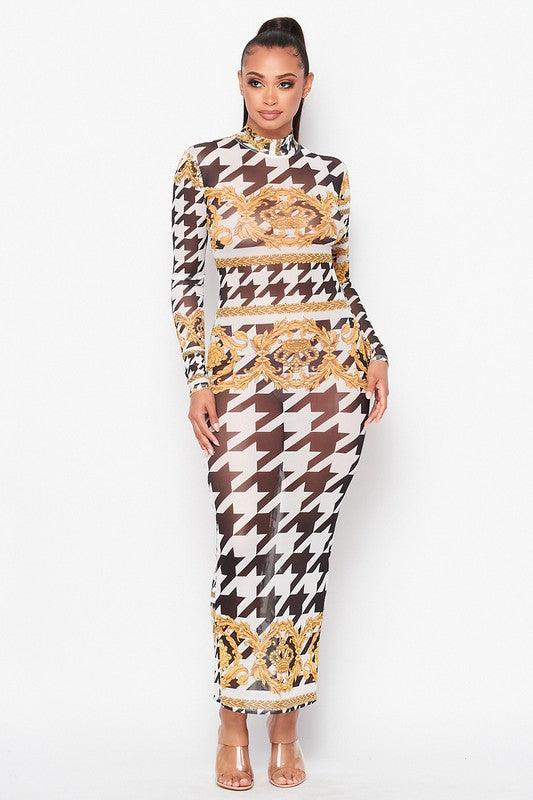 Houndstooth Bodycon long Sleeve Maxi Dress - PRIVILEGE 