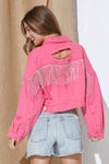 RHINESTONE FRINGE DISTRESSED DENIM JACKET - PRIVILEGE 