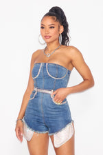 DENIM ROMPER FEATURES MINI RHINESTONES - PRIVILEGE 