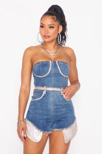 DENIM ROMPER FEATURES MINI RHINESTONES - PRIVILEGE 