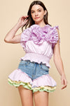 Layered ruffled crop top with ruched around torso. - PRIVILEGE 